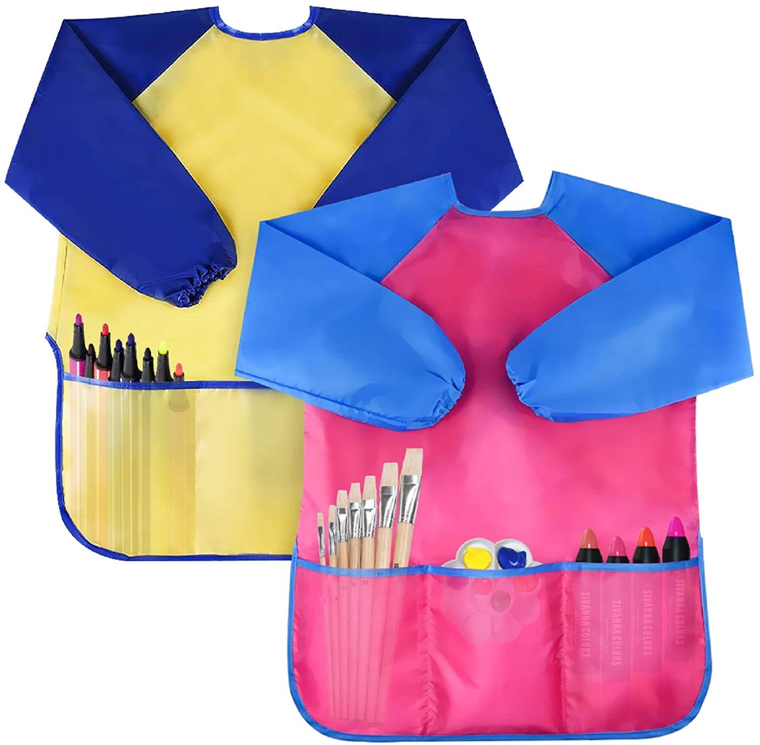 2 Pack Kids Art Smocks Toddler Smock Waterproof Artist Painting Aprons Long  Sleeve with 3 Pockets for Age 2-6 Years,,F173141 